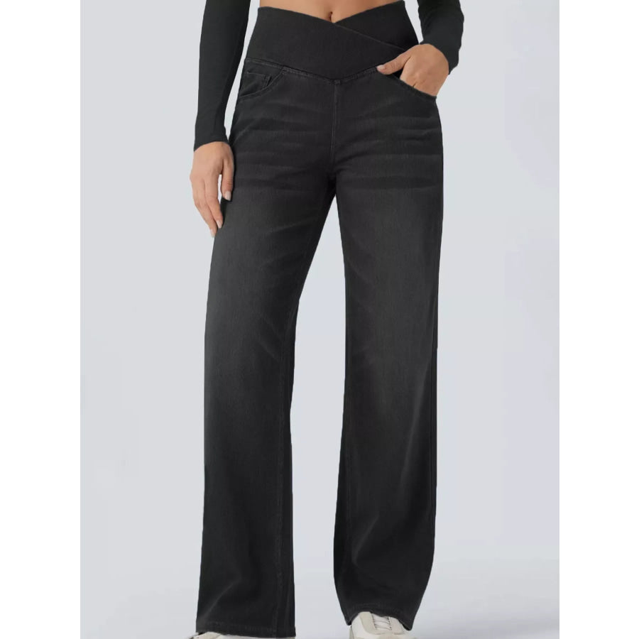Cat’s whisker High-Waisted Cross-Over Waistband Stretch Straight Jeans Dark Gray / XS Apparel and Accessories