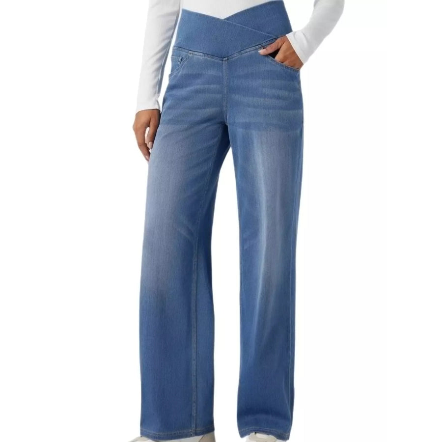 Cat’s whisker High-Waisted Cross-Over Waistband Stretch Straight Jeans Denim Blue / XS Apparel and Accessories
