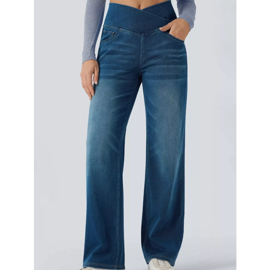 Cat’s whisker High-Waisted Cross-Over Waistband Stretch Straight Jeans Royal Blue / XS Apparel and Accessories