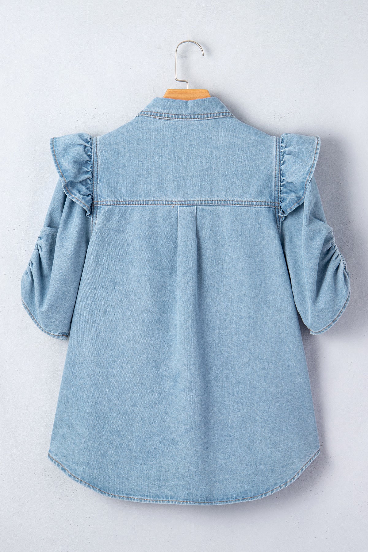 Myosotis Ruffle Detail Short Puff Sleeve Button Down Flap Pocket Denim Shirt
