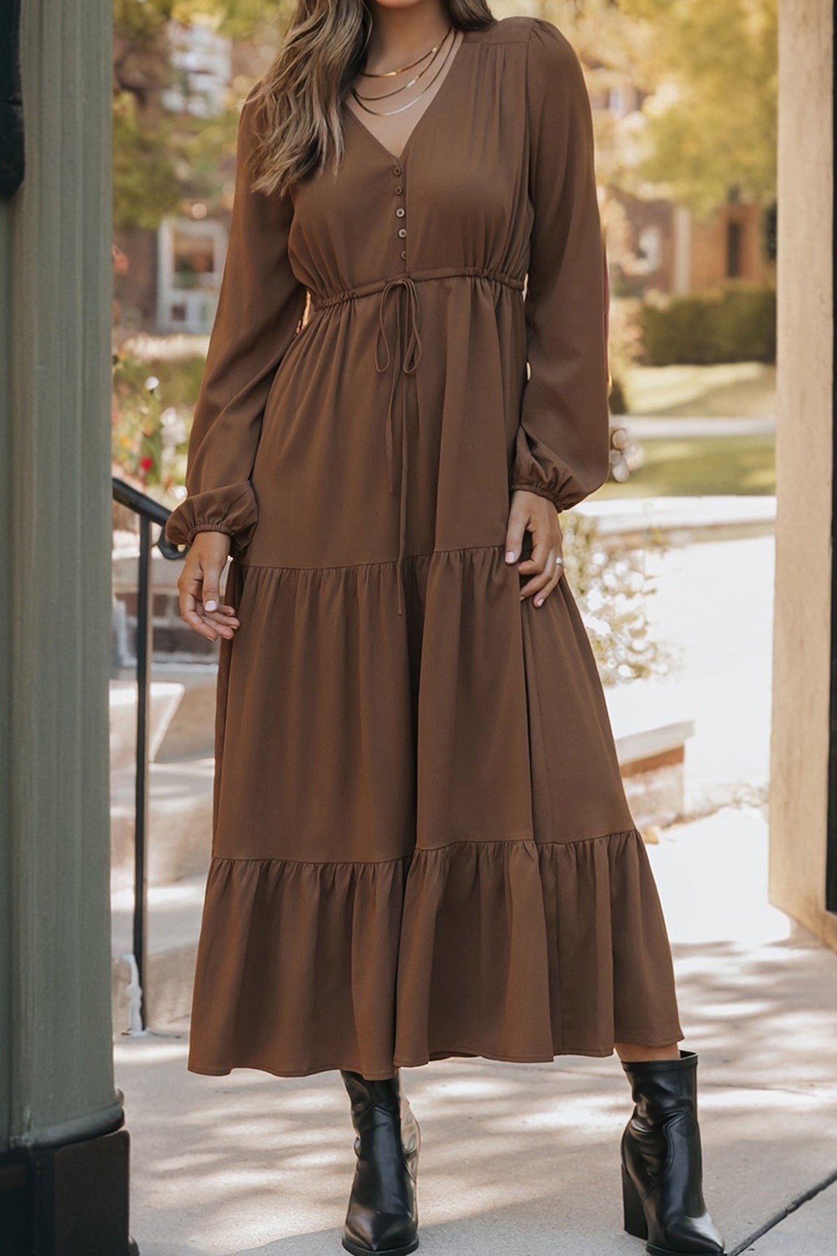 Burgundy Solid Long Sleeve Button V Neck Tiered Maxi Dress