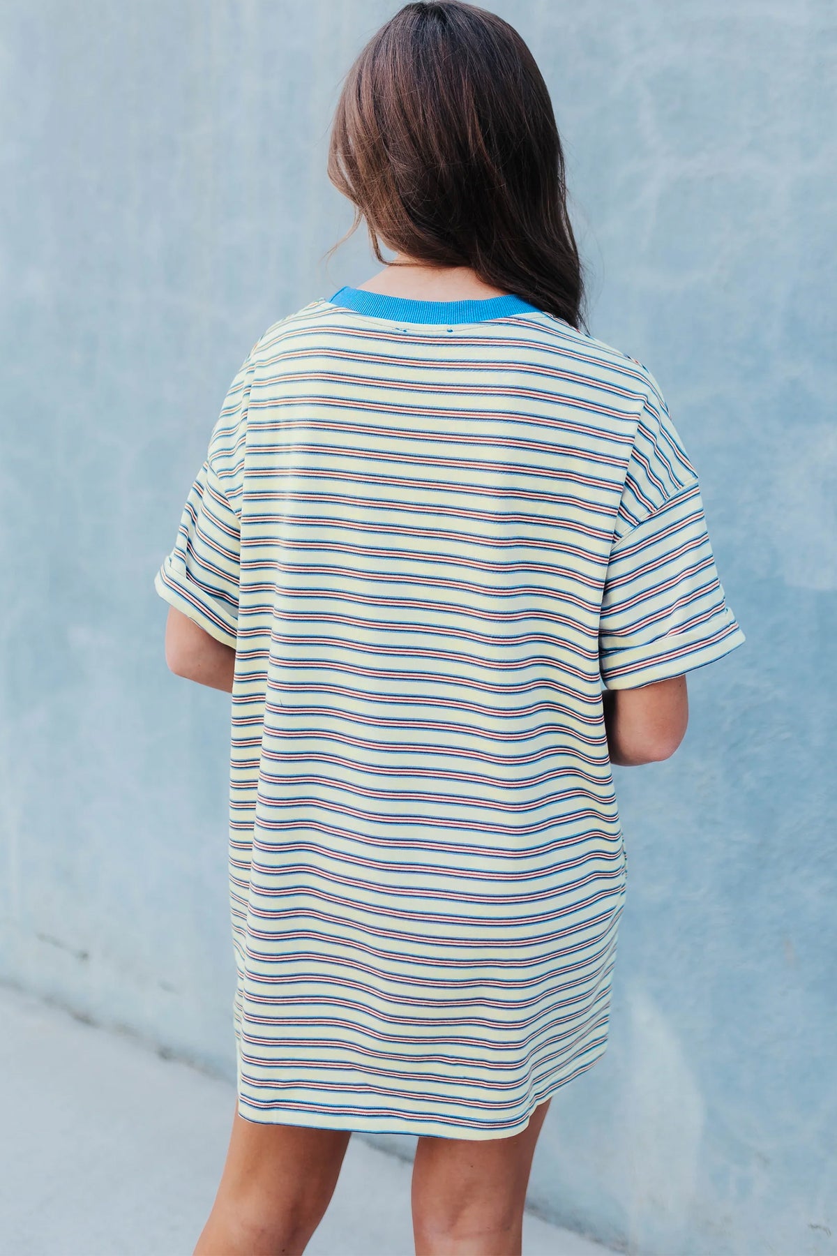 White Stripe Drop Shoulder Cuffed Sleeve Loose Tunic T Shirt Mini Dress