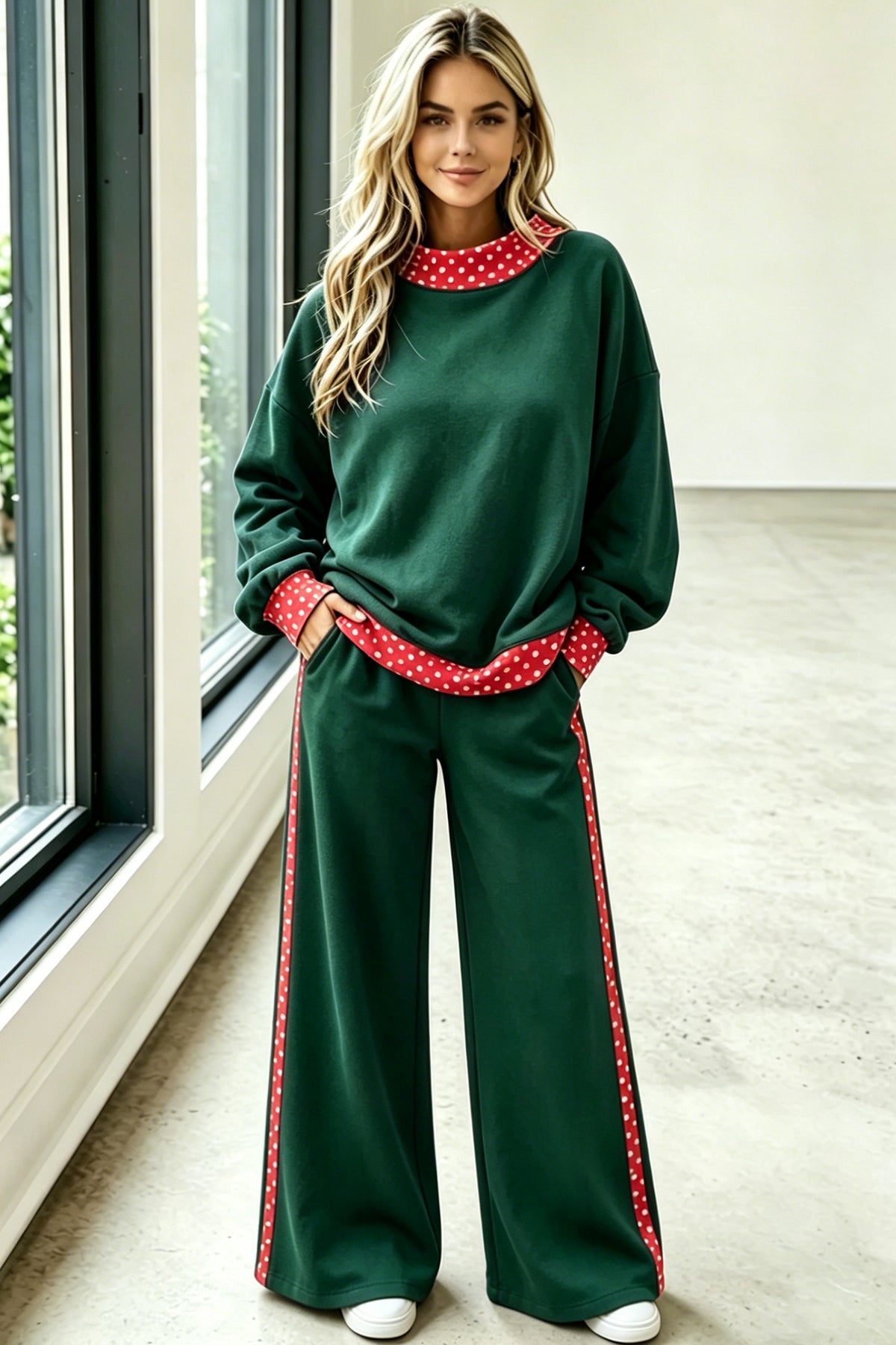 Blackish Green Polka Dot Trim Colorblock Loose Two Piece Pants Set