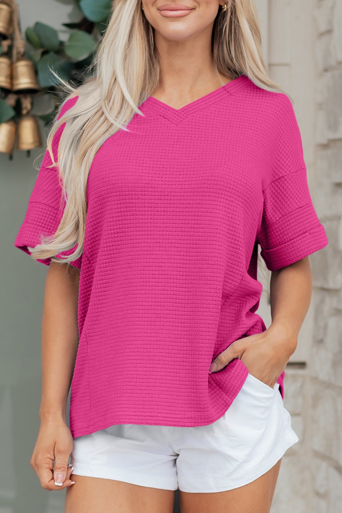 Strawberry Pink Waffle V Neck Short Sleeve Knit Top