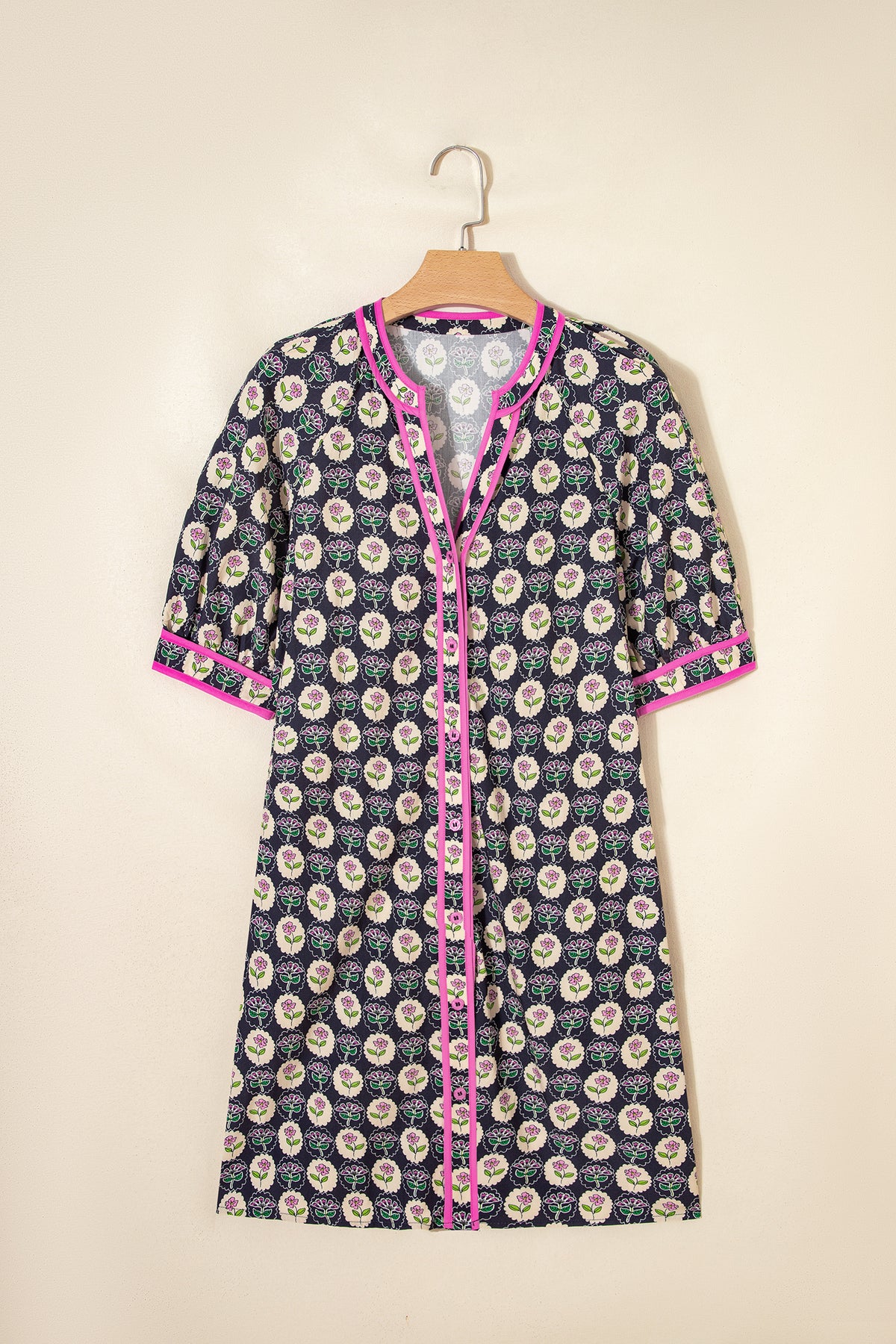 Blue Striped Trim Short Sleeve Vintage Floral Shift Dress