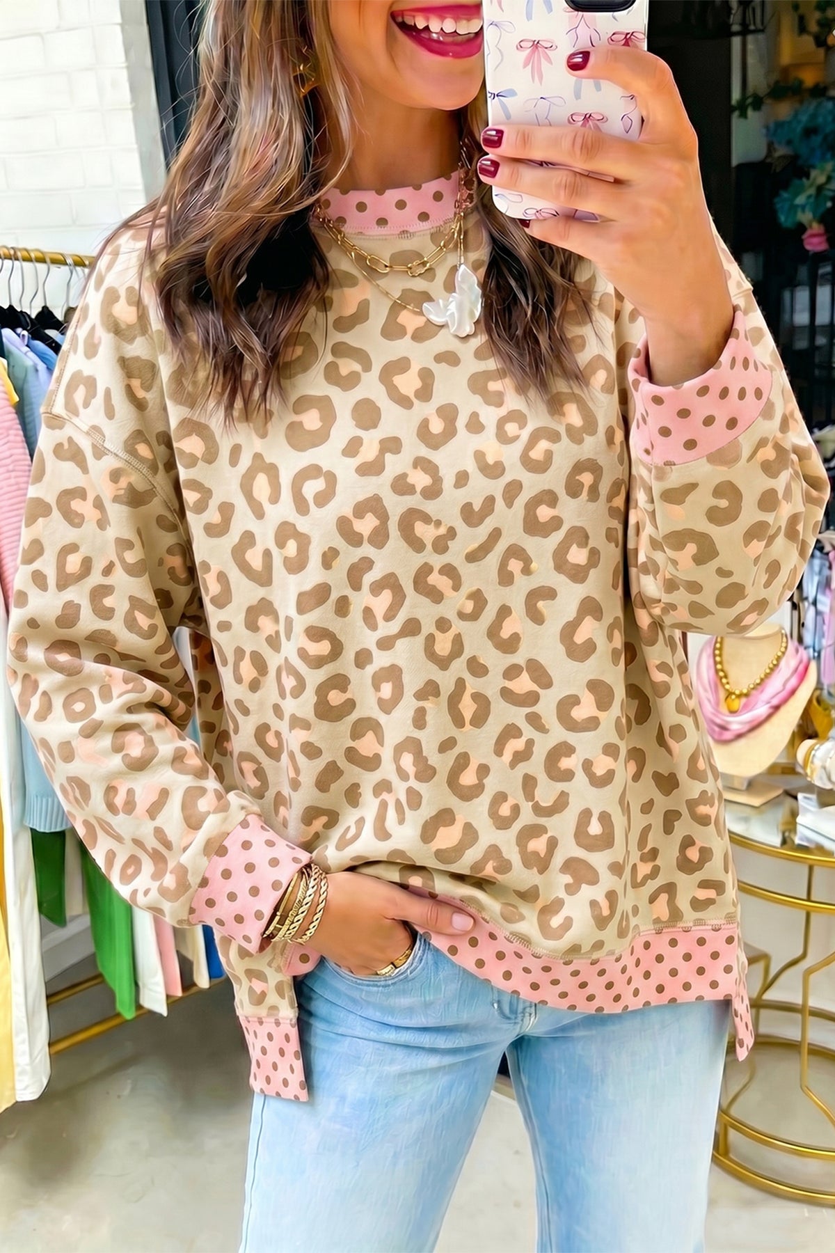 Khaki Leopard Polka Dot Colorblock Trim Long Sleeve Top