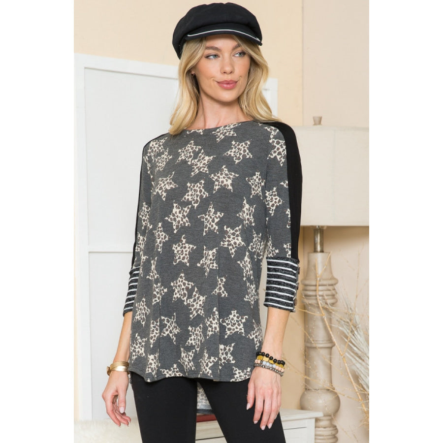 Celeste Design Full Size Leopard Star Contrast Top Apparel and Accessories