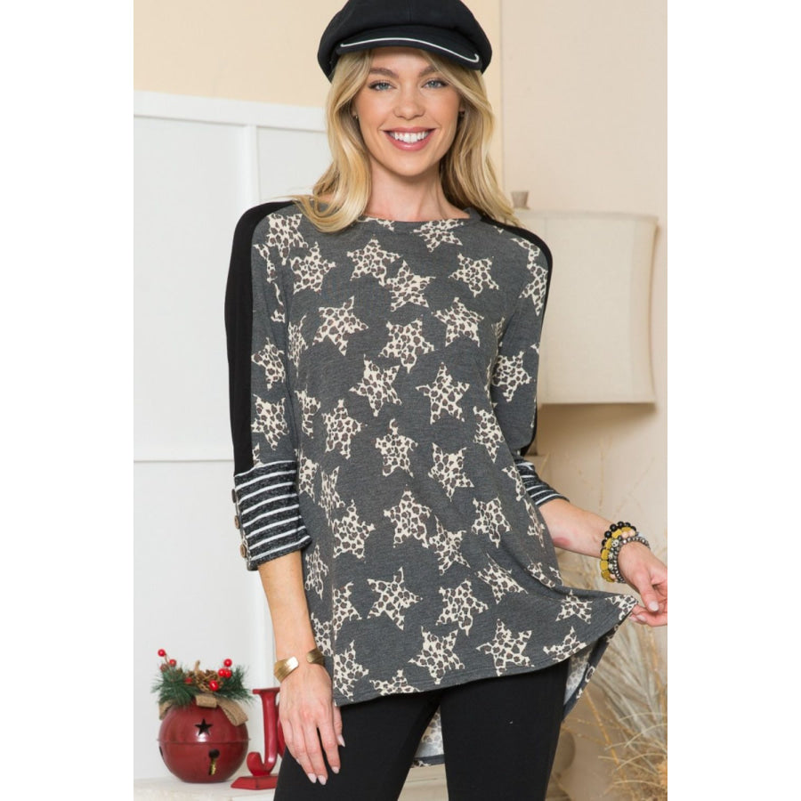 Celeste Design Full Size Leopard Star Contrast Top Charcoal / S Apparel and Accessories