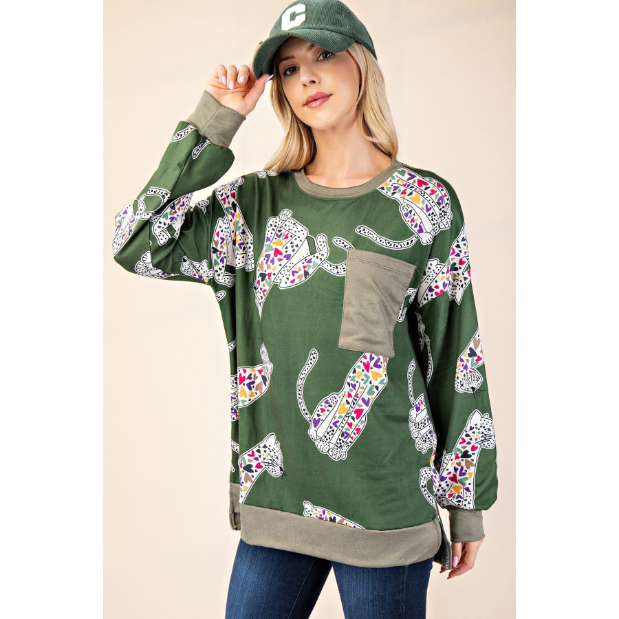 Celeste Full Size Animal Print Contrast Round Neck T-Shirt Olive / S Apparel and Accessories