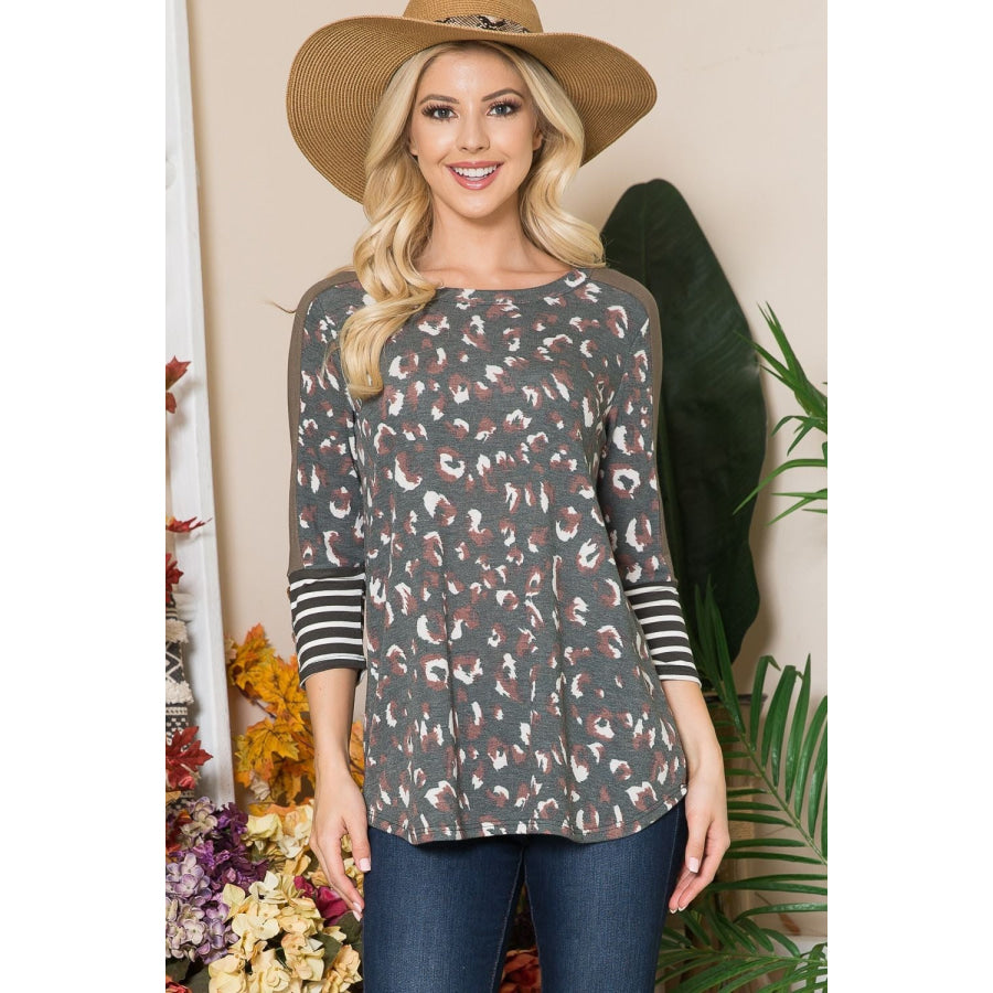 Celeste Full Size Animal Print Contrast T-Shirt with Striped Cuffs Apparel and Accessories