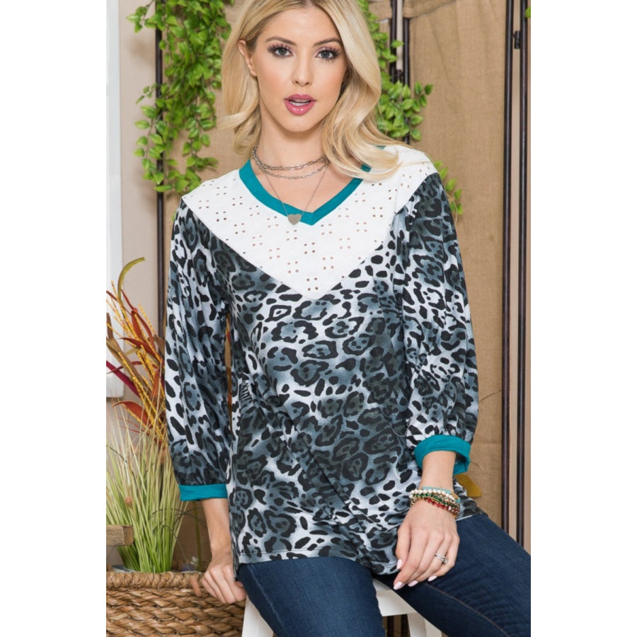 Celeste Full Size Animal Print Eyelet V-Neck Top Apparel and Accessories