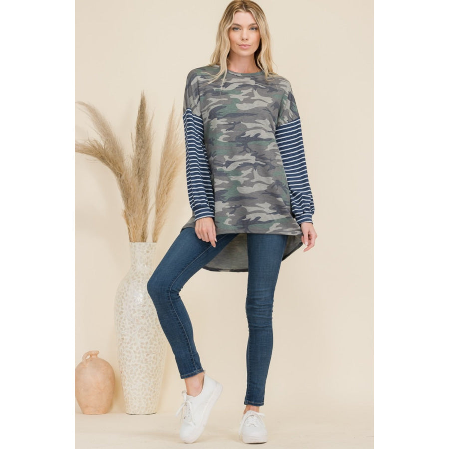 Celeste Full Size Camo Print High-Low T-Shirt with Stripe Sleeves Apparel and Accessories