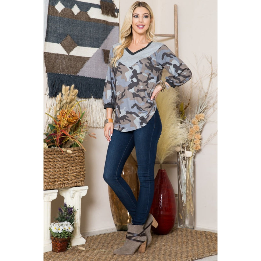 Celeste Full Size Camouflage V-Neck Balloon Sleeve Top Apparel and Accessories