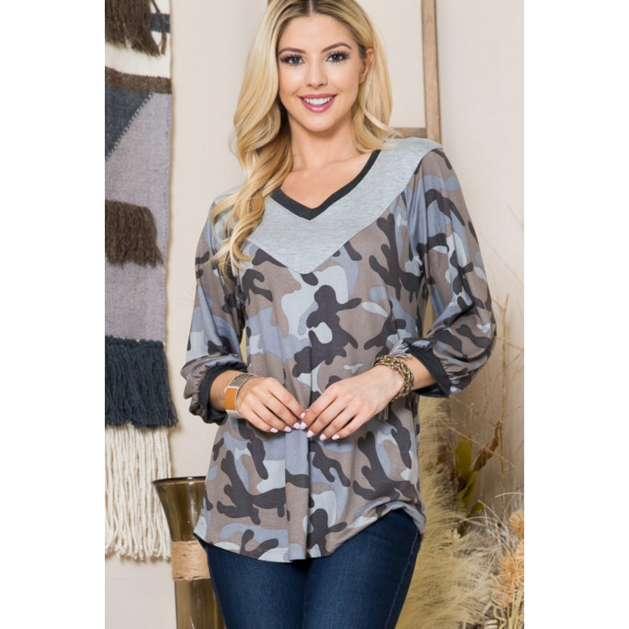 Celeste Full Size Camouflage V-Neck Balloon Sleeve Top Apparel and Accessories