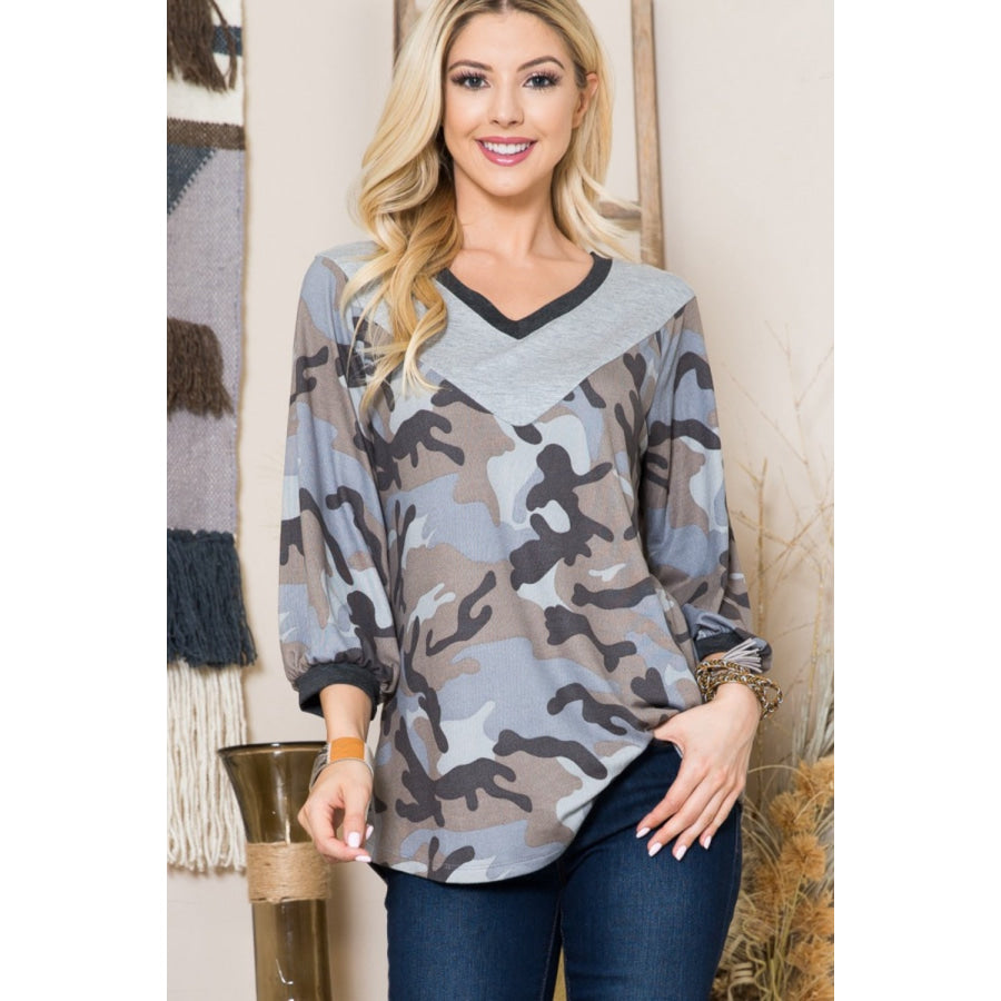 Celeste Full Size Camouflage V-Neck Balloon Sleeve Top Grey Camo / S Apparel and Accessories