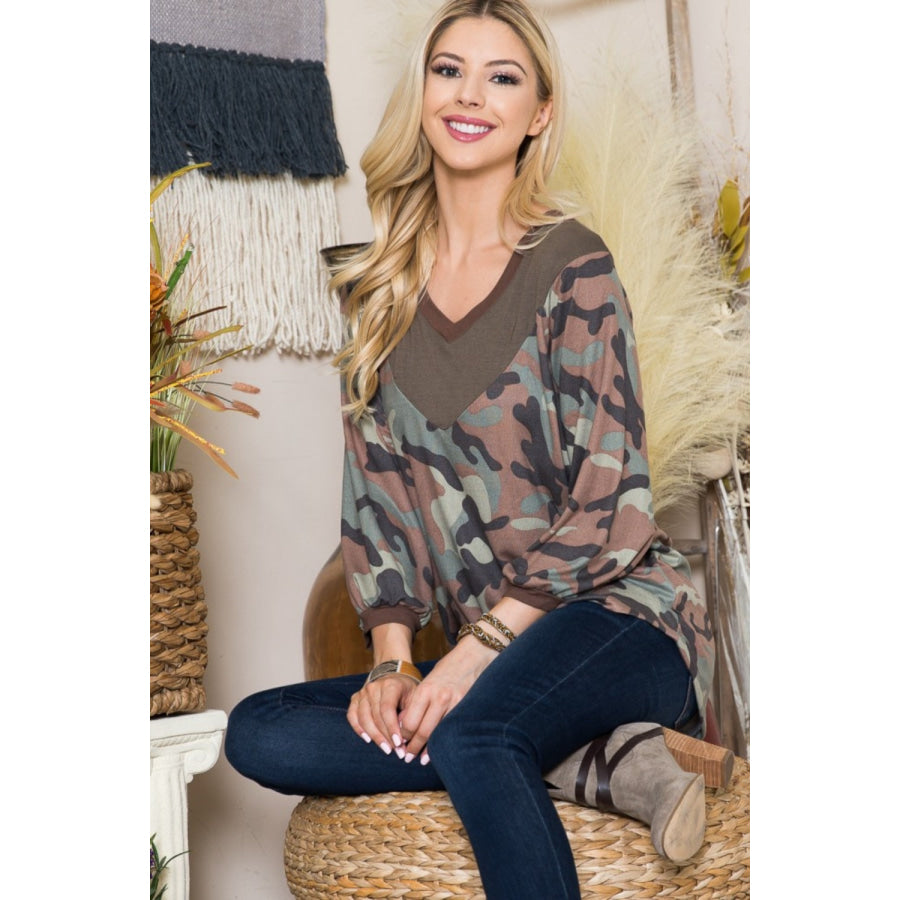 Celeste Full Size Camouflage V-Neck Balloon Sleeve Top Olive Camo / S Apparel and Accessories