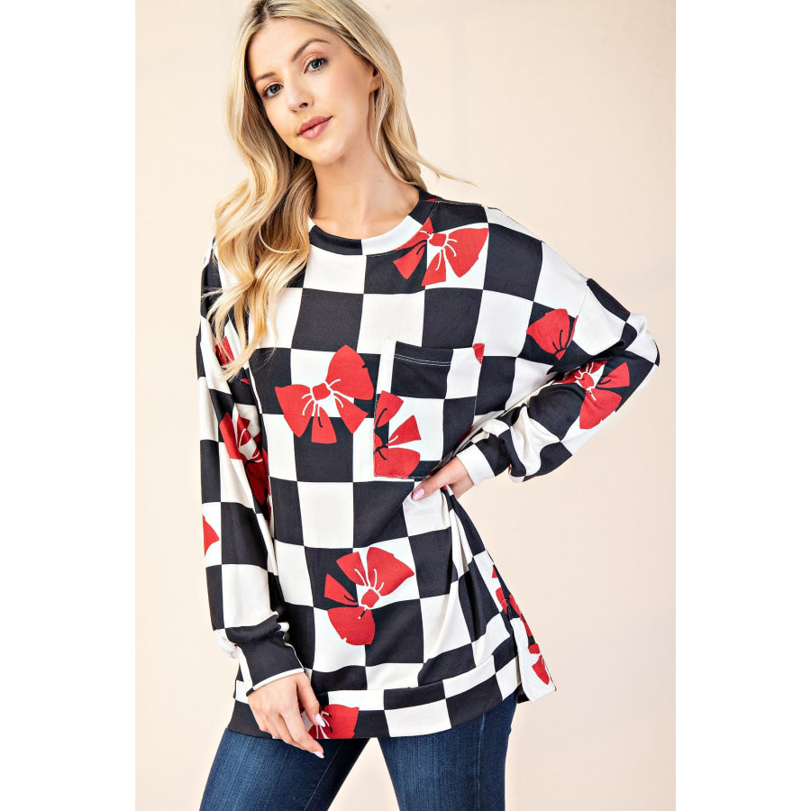 Celeste Full Size Checkered Bow Print Round Neck T-Shirt Apparel and Accessories