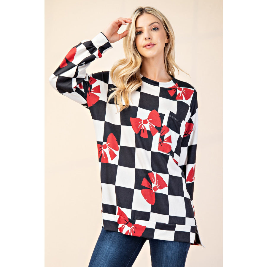 Celeste Full Size Checkered Bow Print Round Neck T-Shirt Apparel and Accessories