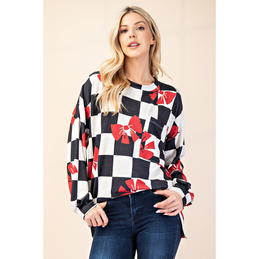 Celeste Full Size Checkered Bow Print Round Neck T-Shirt Black/Ivory / S Apparel and Accessories