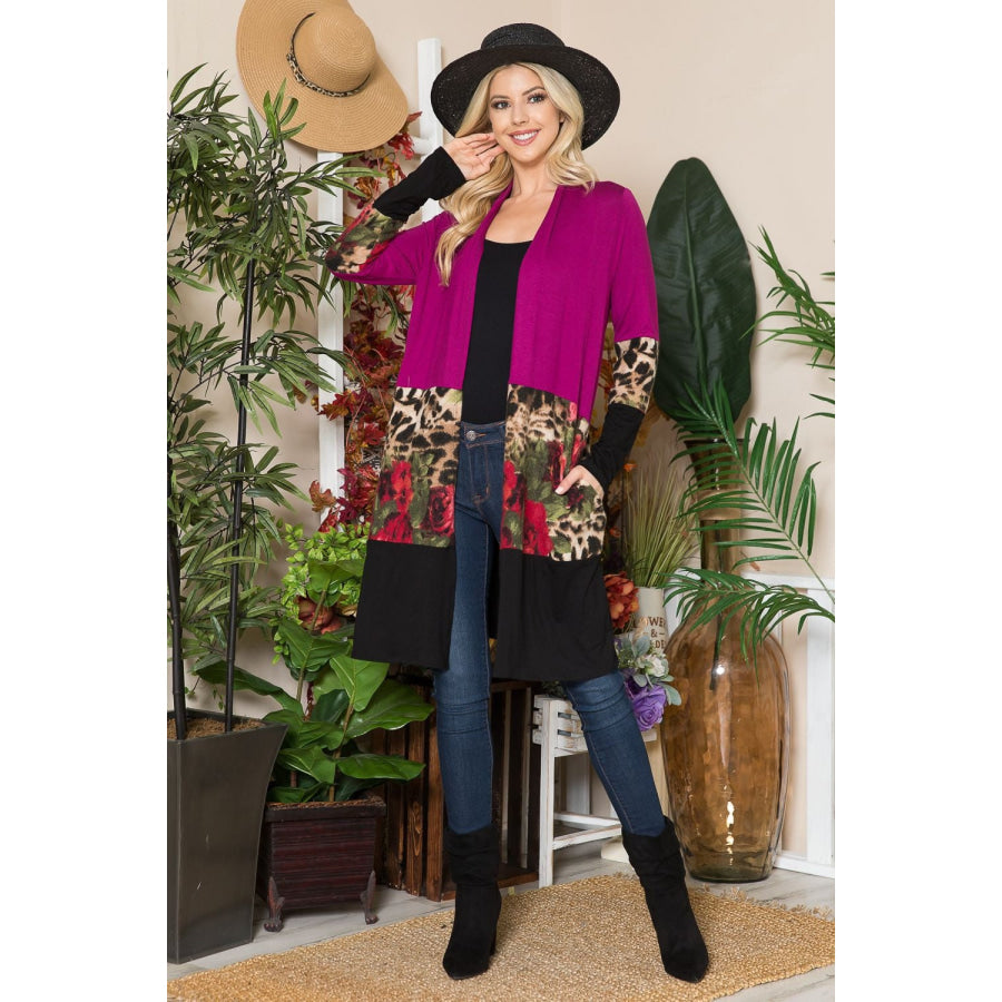 Celeste Full Size Color Block Open Front Cardigan Apparel and Accessories