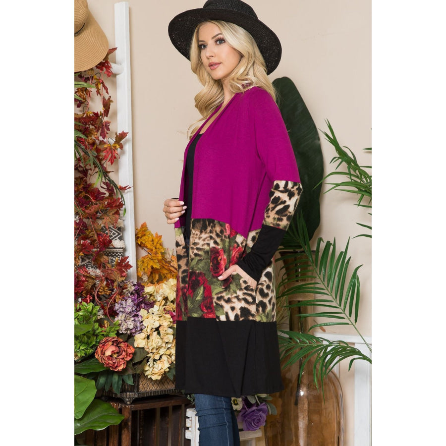 Celeste Full Size Color Block Open Front Cardigan Apparel and Accessories