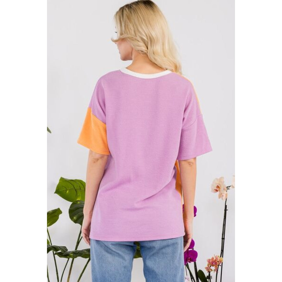 Celeste Full Size Color Block Short Sleeve T-Shirt LILAC / S Apparel and Accessories