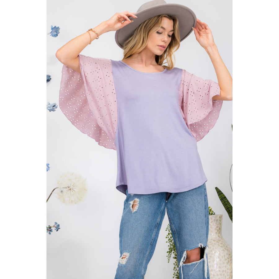 Celeste Full Size Contrast Eyelet Ruffle Sleeve Blouse Apparel and Accessories