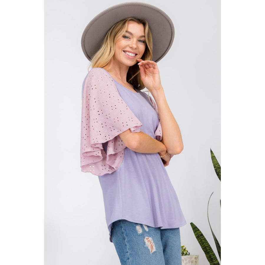 Celeste Full Size Contrast Eyelet Ruffle Sleeve Blouse Apparel and Accessories
