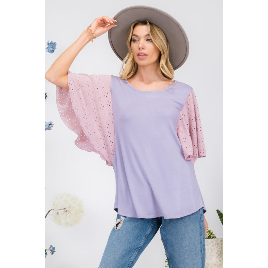 Celeste Full Size Contrast Eyelet Ruffle Sleeve Blouse Lilac / S Apparel and Accessories