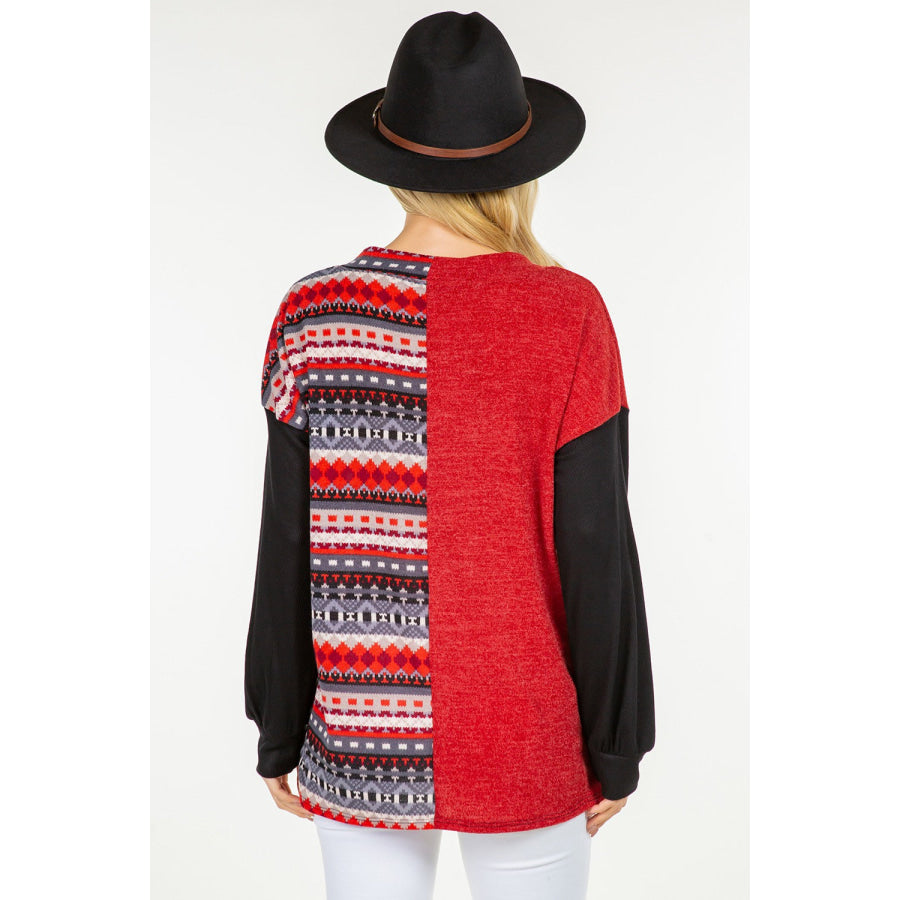 Celeste Full Size Contrast Geometric V-Neck Long Sleeve Blouse Red / S Apparel and Accessories