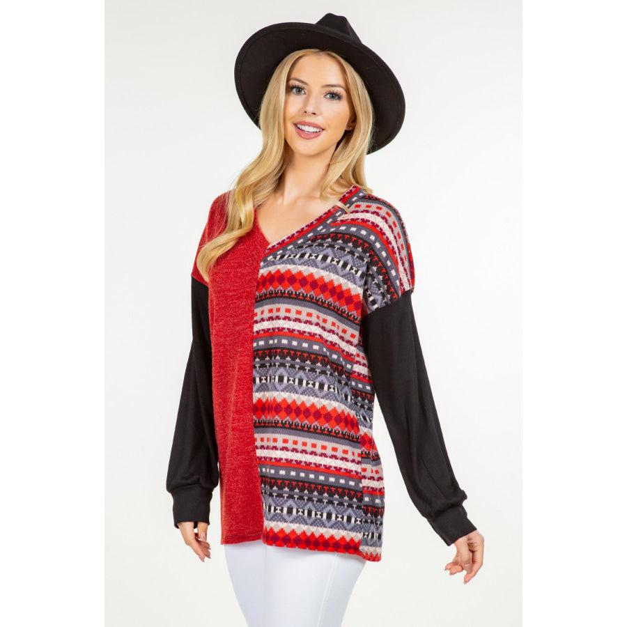 Celeste Full Size Contrast Geometric V-Neck Long Sleeve Blouse Apparel and Accessories