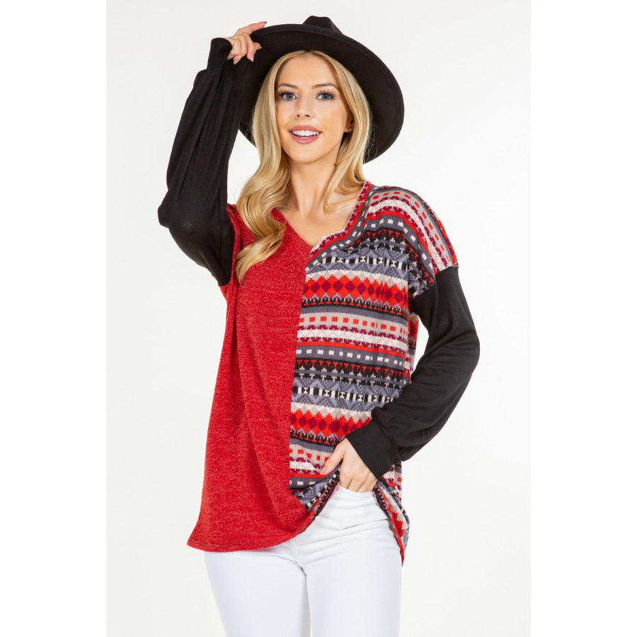 Celeste Full Size Contrast Geometric V-Neck Long Sleeve Blouse Red / S Apparel and Accessories