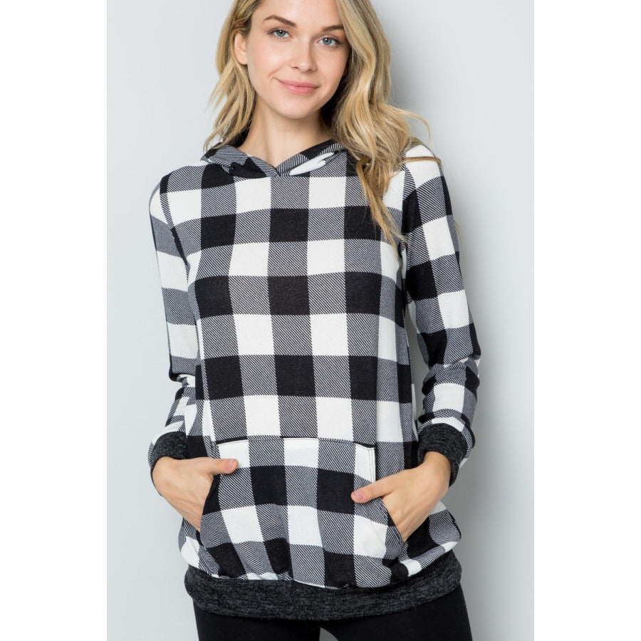 Celeste Full Size Contrast Plaid Long Sleeve Hoodie Apparel and Accessories