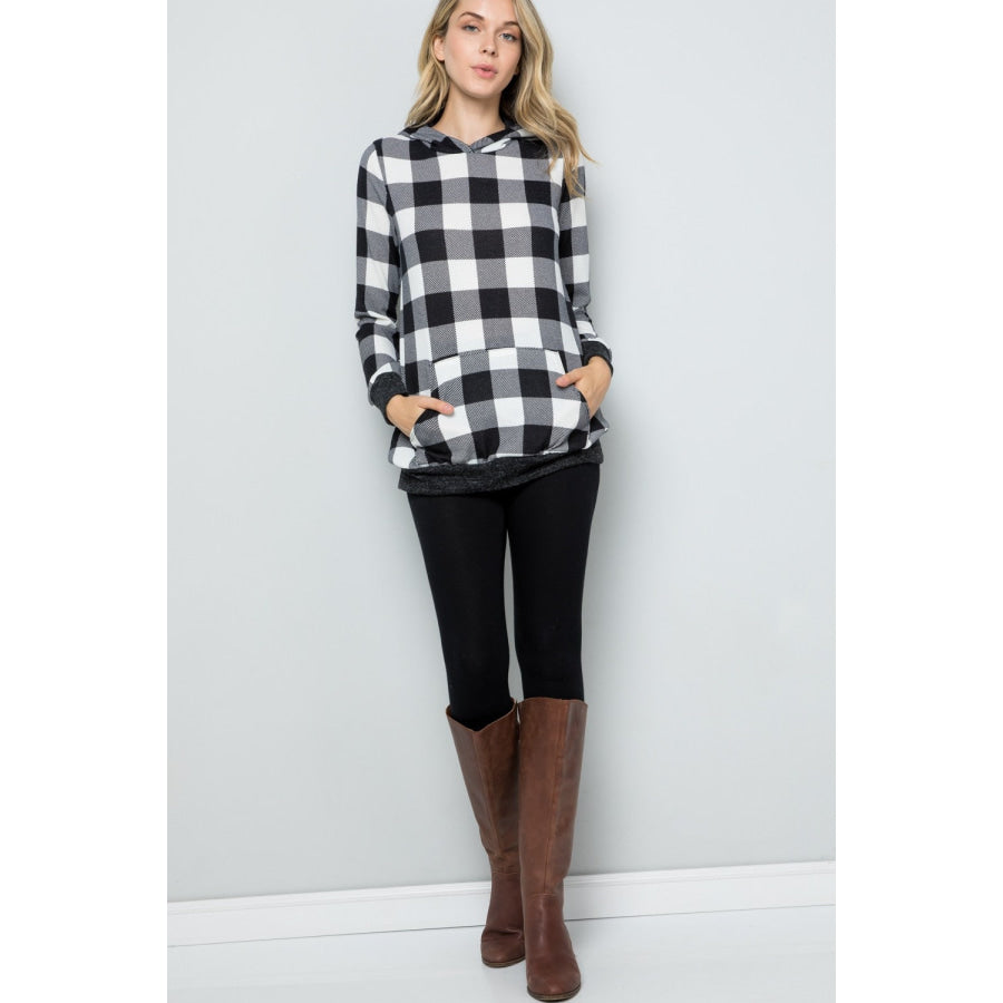 Celeste Full Size Contrast Plaid Long Sleeve Hoodie Apparel and Accessories