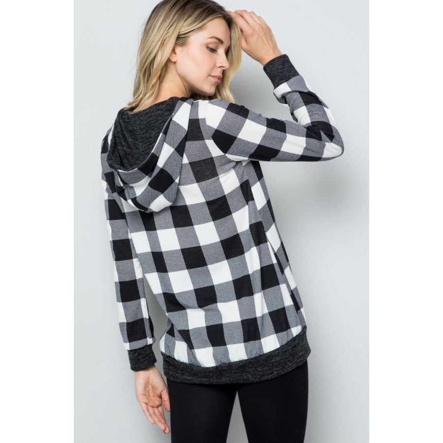 Celeste Full Size Contrast Plaid Long Sleeve Hoodie Apparel and Accessories