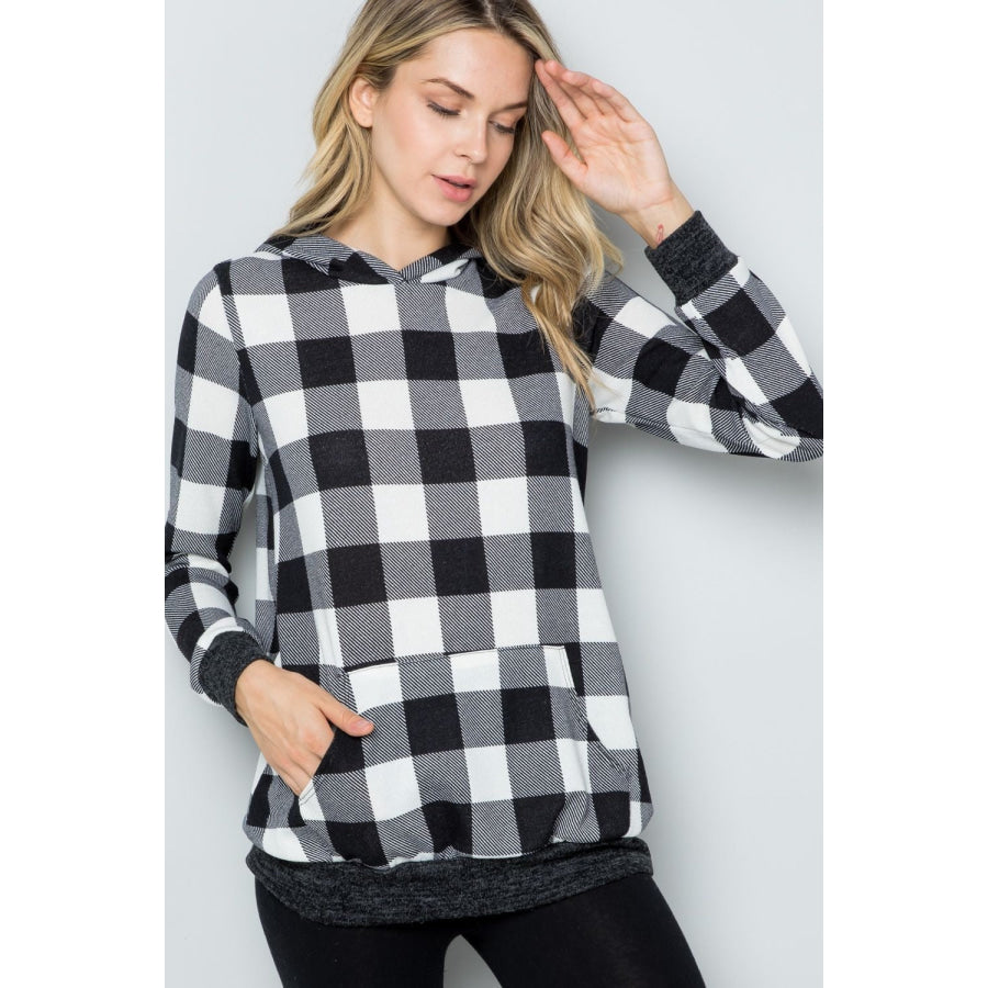 Celeste Full Size Contrast Plaid Long Sleeve Hoodie Apparel and Accessories