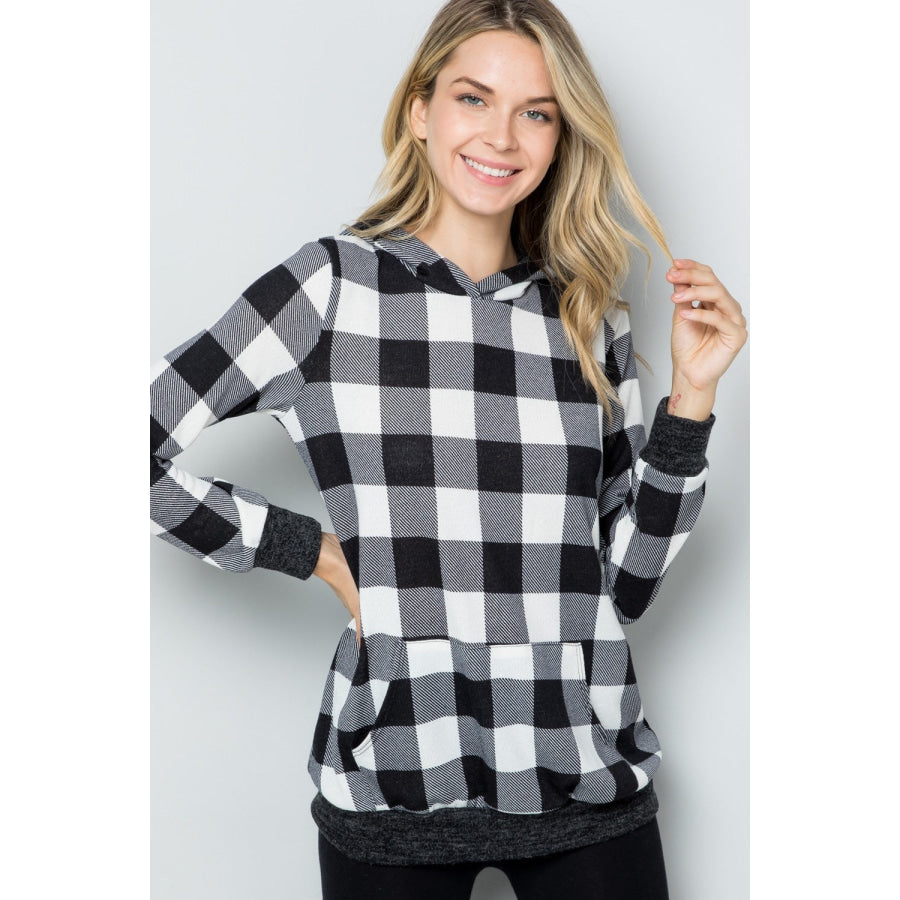 Celeste Full Size Contrast Plaid Long Sleeve Hoodie White Plaid / S Apparel and Accessories