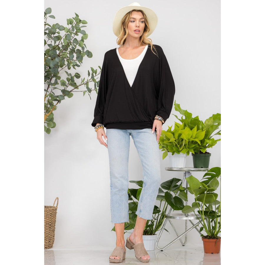 Celeste Full Size Contrast Round Neck Top with Two Layer Detail Apparel and Accessories