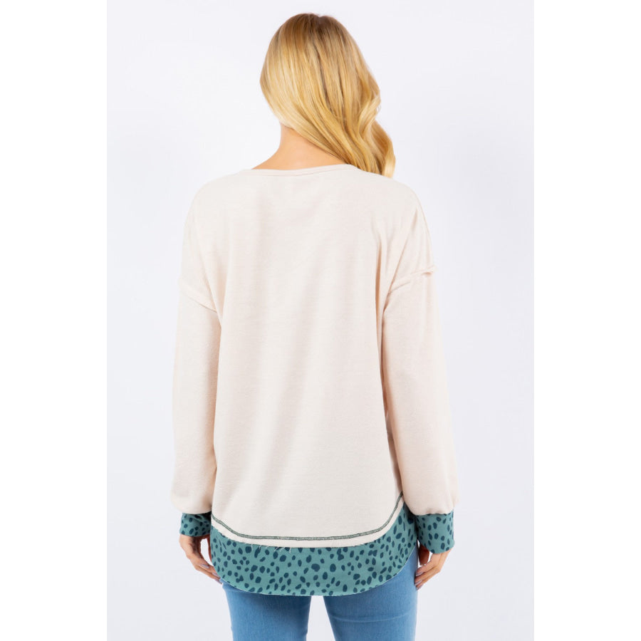 Celeste Full Size Contrast Stitching Notched Dropped Shoulder Blouse Ivory / S Apparel and Accessories