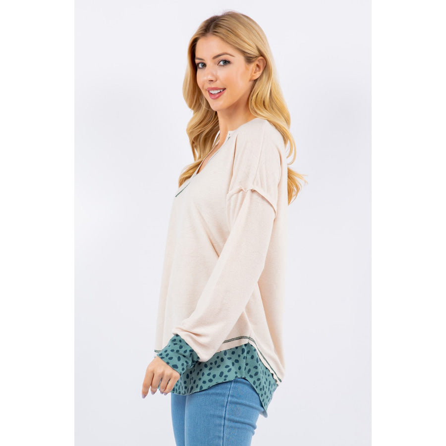 Celeste Full Size Contrast Stitching Notched Dropped Shoulder Blouse Apparel and Accessories