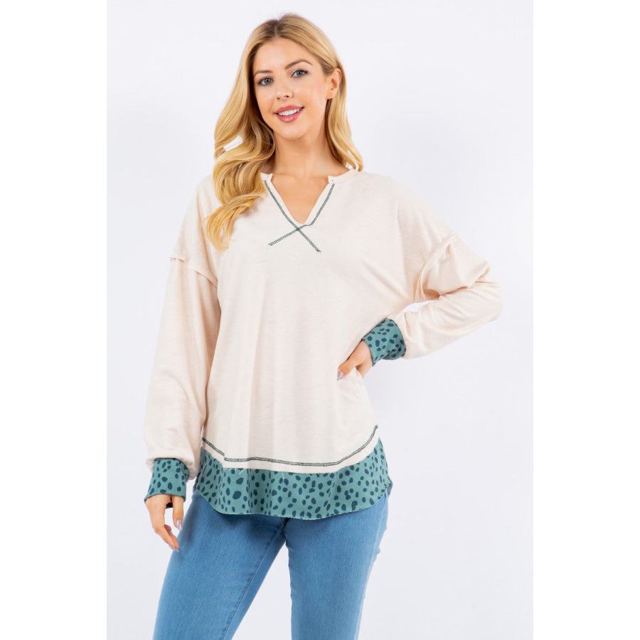 Celeste Full Size Contrast Stitching Notched Dropped Shoulder Blouse Ivory / S Apparel and Accessories