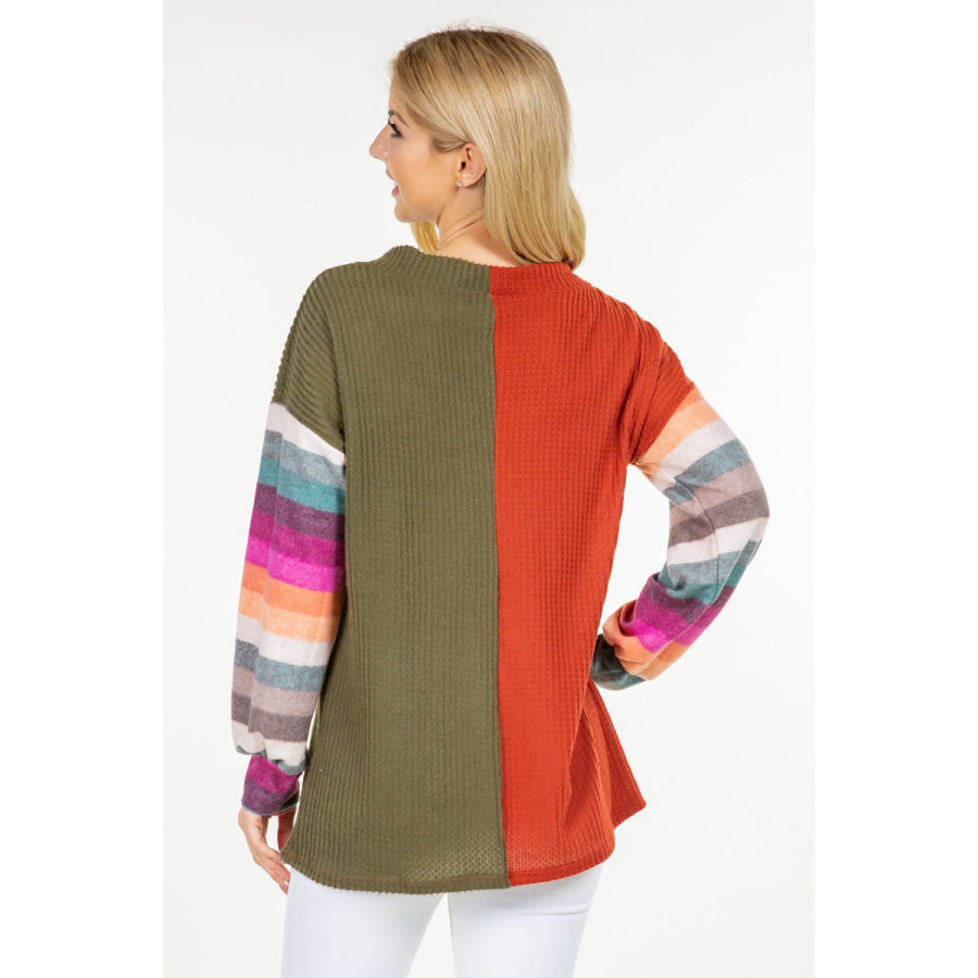 Celeste Full Size Contrast Striped V-Neck Long Sleeve Blouse Rust / S Apparel and Accessories