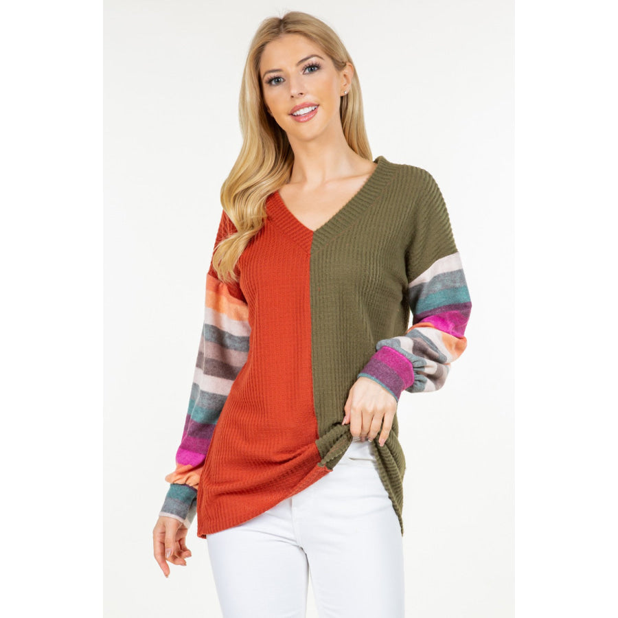 Celeste Full Size Contrast Striped V-Neck Long Sleeve Blouse Rust / S Apparel and Accessories