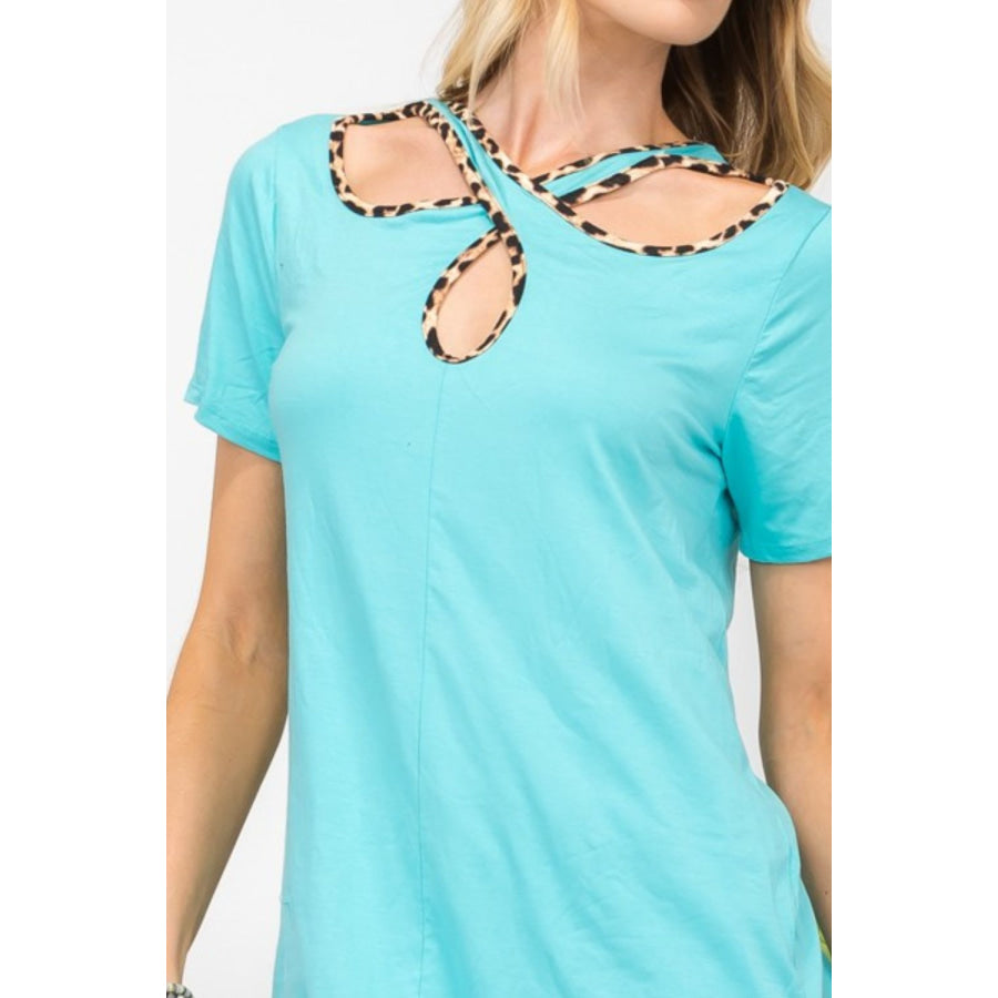 Celeste Full Size Crisscross Cutout Leopard Contrast Trim T-Shirt Apparel and Accessories