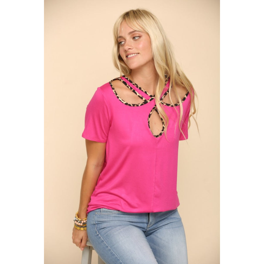 Celeste Full Size Crisscross Cutout Leopard Contrast Trim T-Shirt Apparel and Accessories