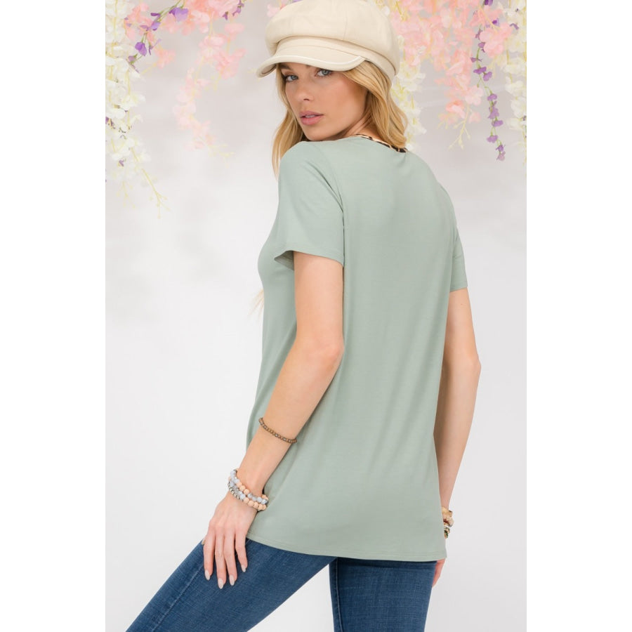 Celeste Full Size Crisscross Cutout Leopard Contrast Trim T-Shirt Sage / S Apparel and Accessories