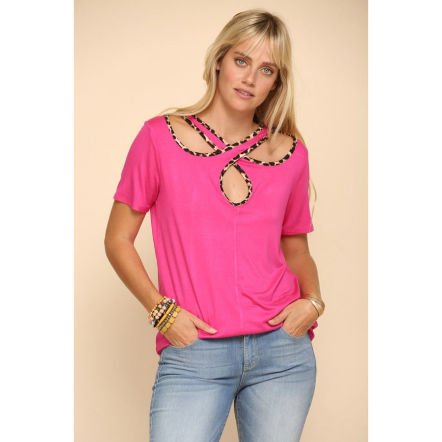 Celeste Full Size Crisscross Cutout Leopard Contrast Trim T-Shirt Fuchsia / S Apparel and Accessories