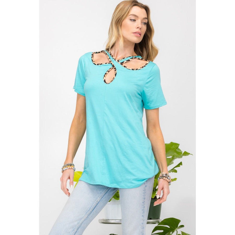 Celeste Full Size Crisscross Cutout Leopard Contrast Trim T-Shirt Mint / S Apparel and Accessories