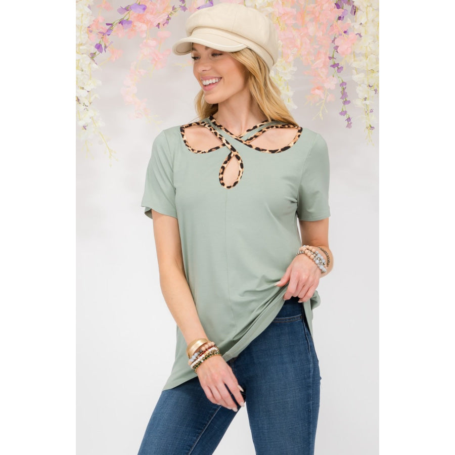 Celeste Full Size Crisscross Cutout Leopard Contrast Trim T-Shirt Sage / S Apparel and Accessories