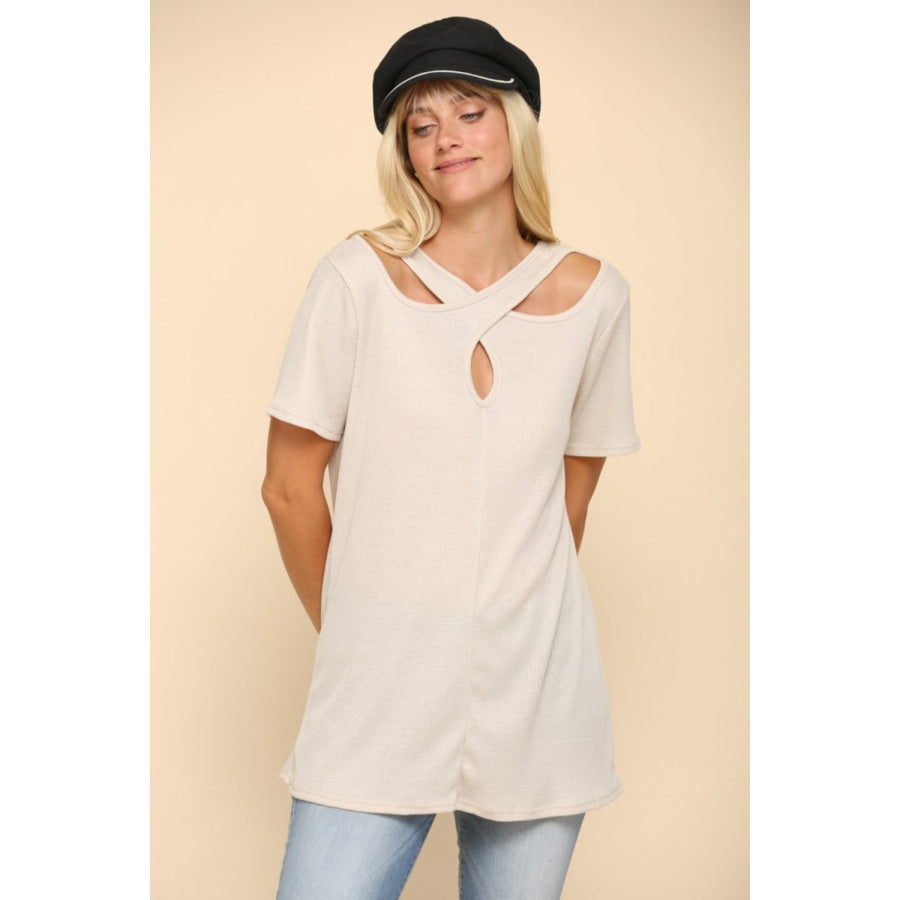 Celeste Full Size Crisscross Cutout Short Sleeve T-Shirt Apparel and Accessories